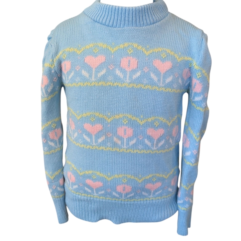 80s Vintage Pastel‎ Blue Sweater with Pink & Yellow Floral Pattern Toddler Girl